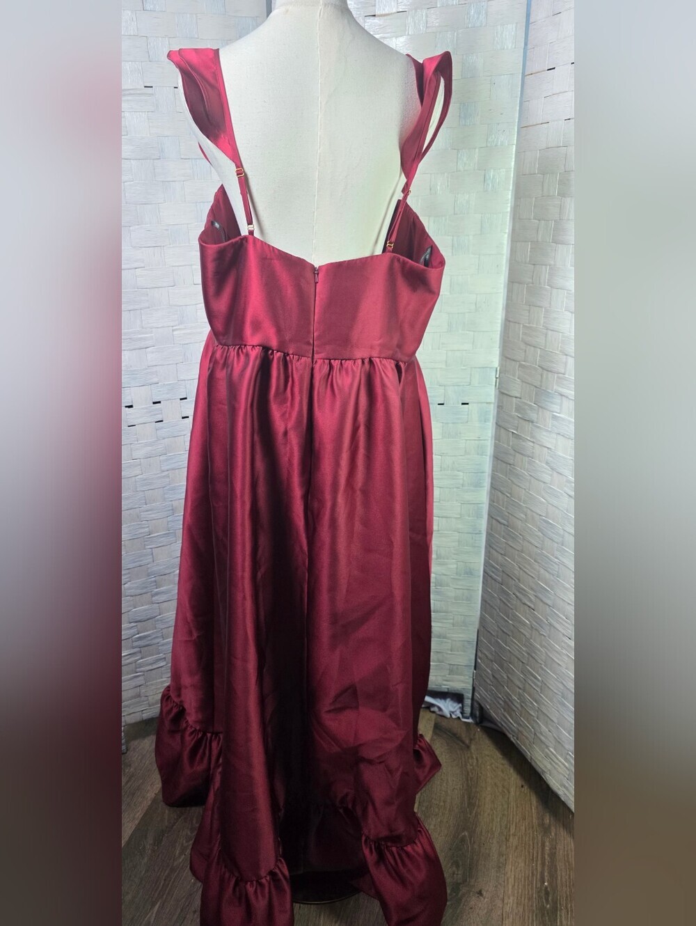 Dessy Collection Burgundy Satin Corset Gown with Slit - Picture 7 of 14